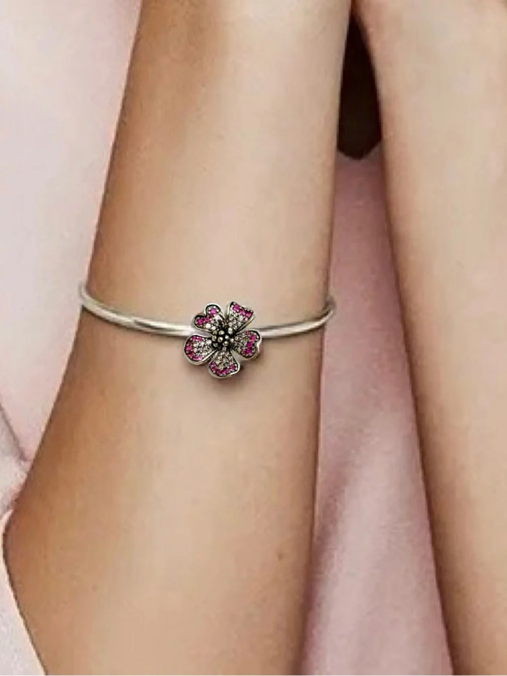 Pink Pavé Peach Blossom Oversized Flower Charm | 925 Sterling Silver, Pink CZs